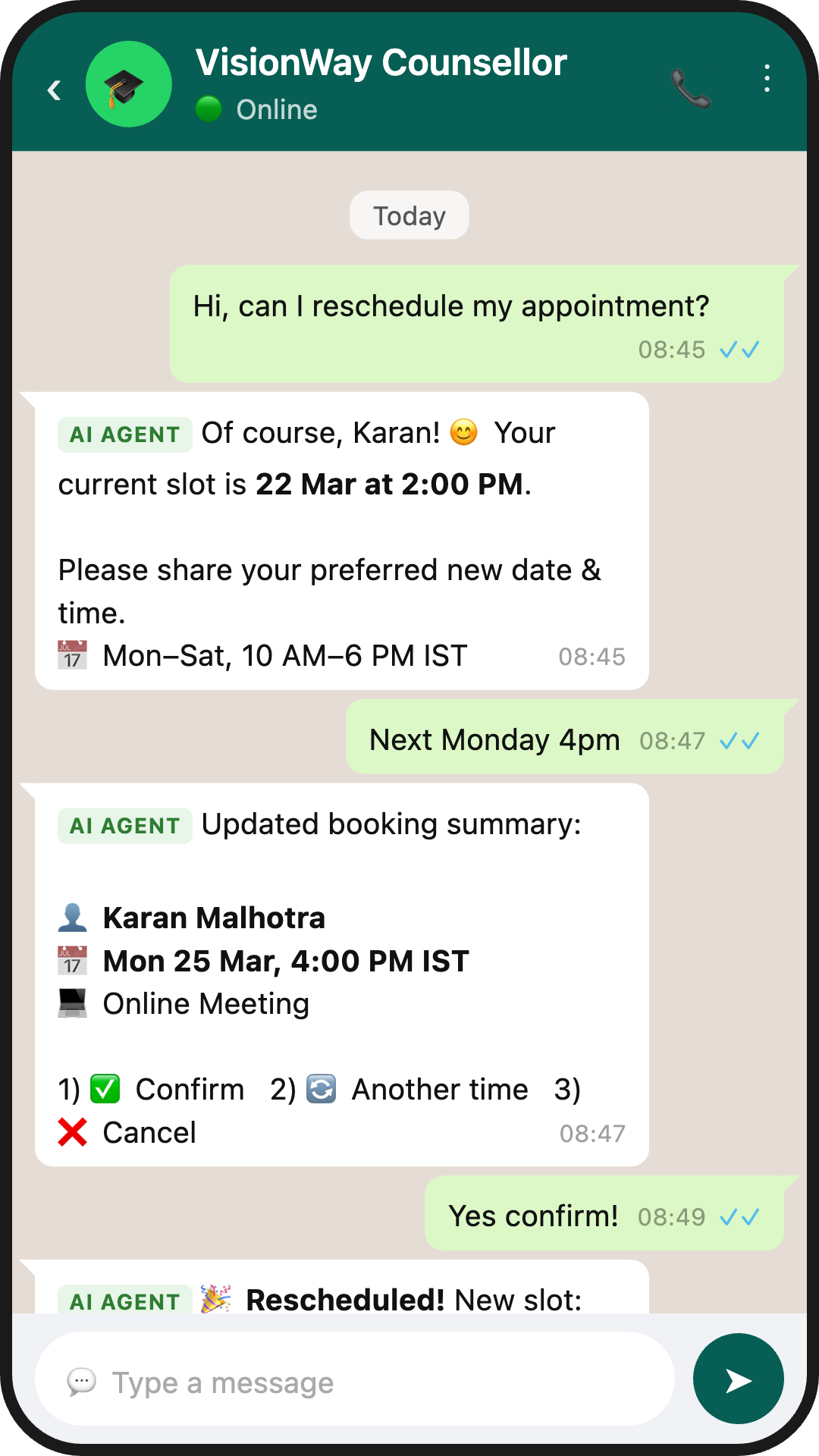 Reschedule flow - AI handles appointment changes seamlessly